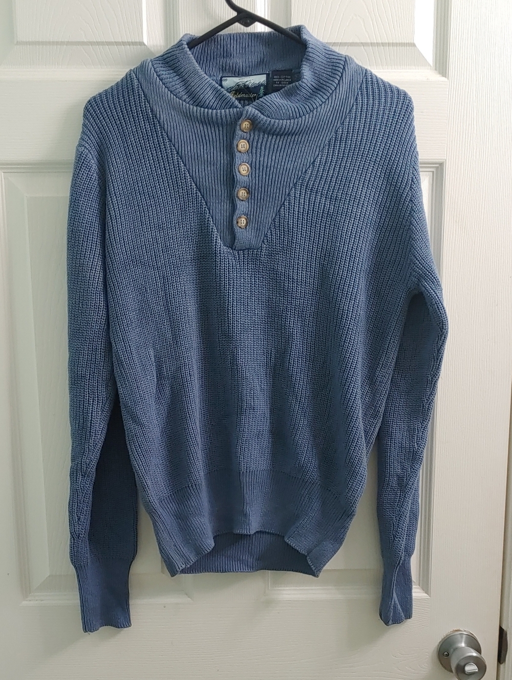 Vintage 90s Fieldmaster Sweater Men's M Blue Cotton Henley Knit